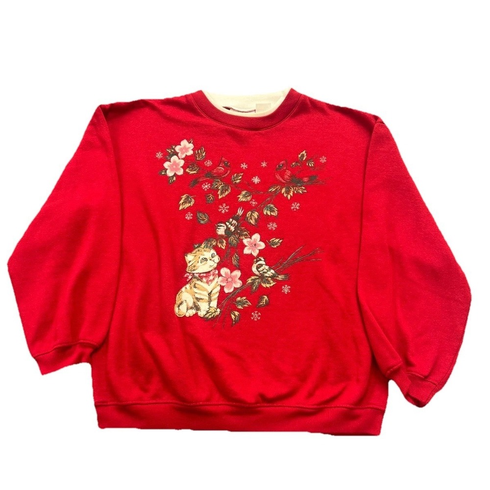 VTG Basic Editions Sweatshirt Womens M Red Floral Cute Kitten‎ Cardinal Birds